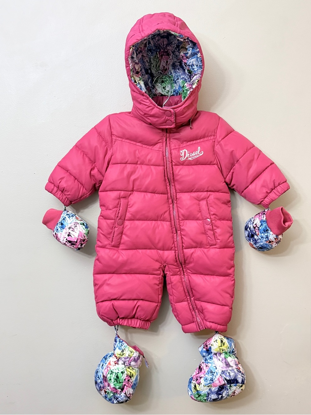 Diesel Infant Quilted Snowsuit with Floral Accents 6/9 Months